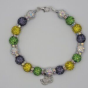 Handmade Purple, Gold and Green Beaded Bracelet with mask charm